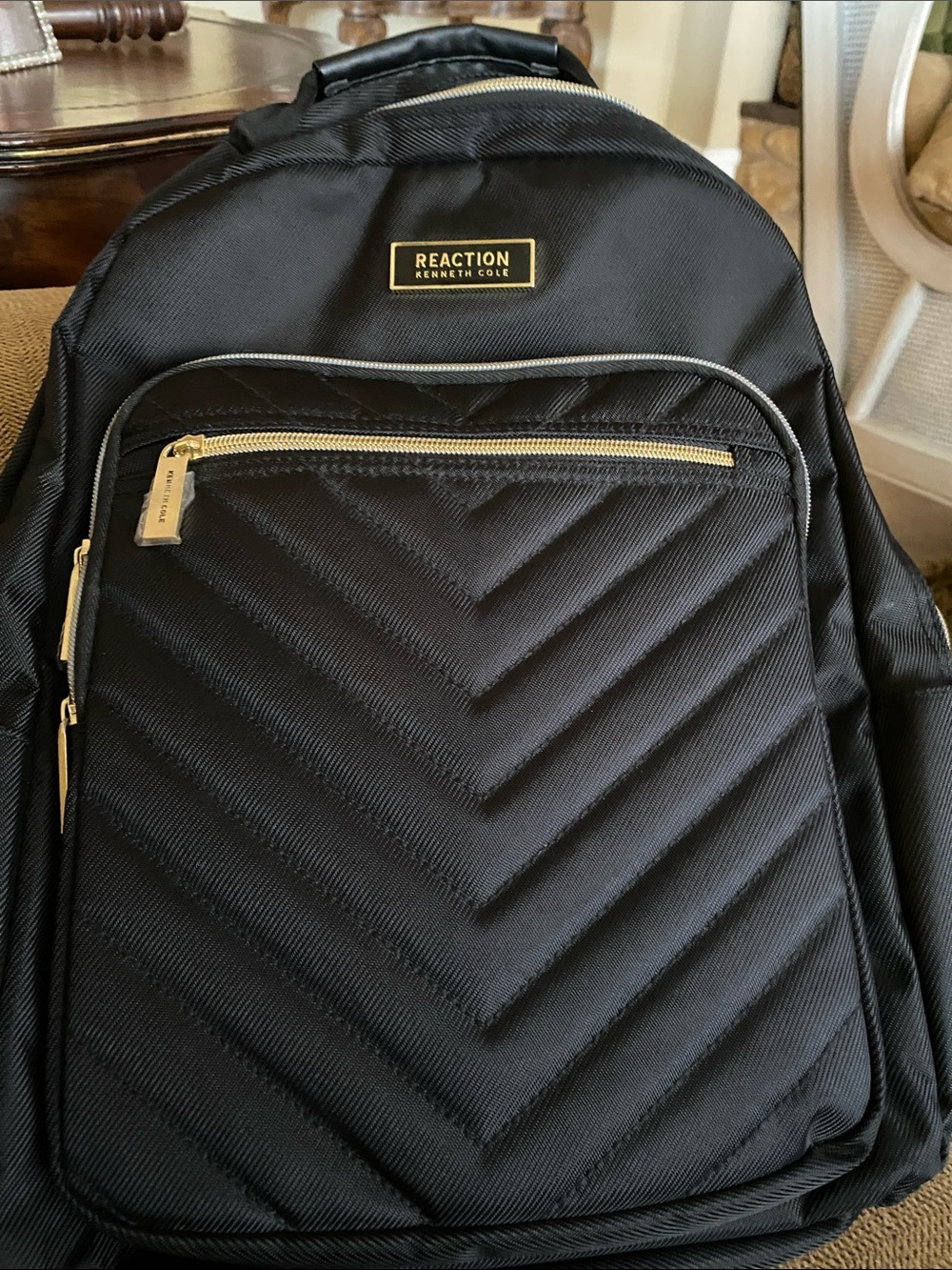 Kenneth Cole Reaction Black Quilted Chevron Backpack with Gold Hardware